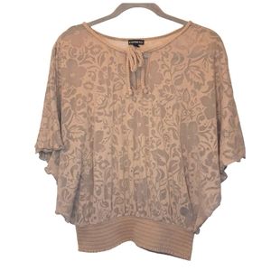 Express Tan Sheer Floral Tie Neck Peasant Blouse Size Small